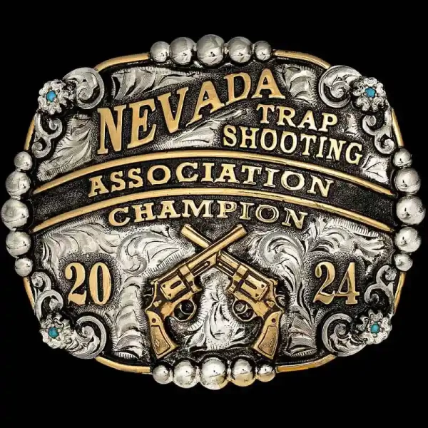 The Jacksonville Belt Buckle  is a classic trap shooting trophy buckle with large silver beads, silver flowers and black enamel on the bronze lettering. Customize it with your prefered gun figure or logo!